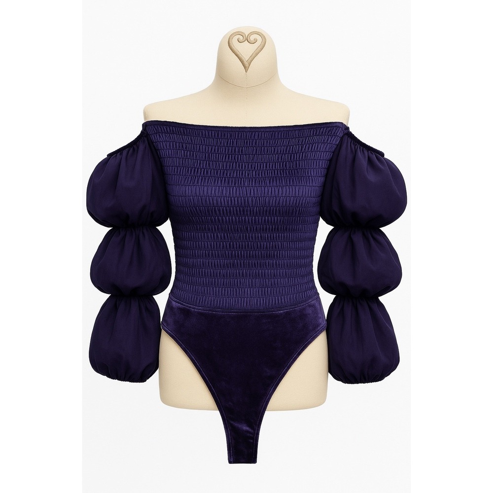 Intimately‎ Free People Smocked Puff Sleeve Bodice Velvet Bodysuit Purple Small